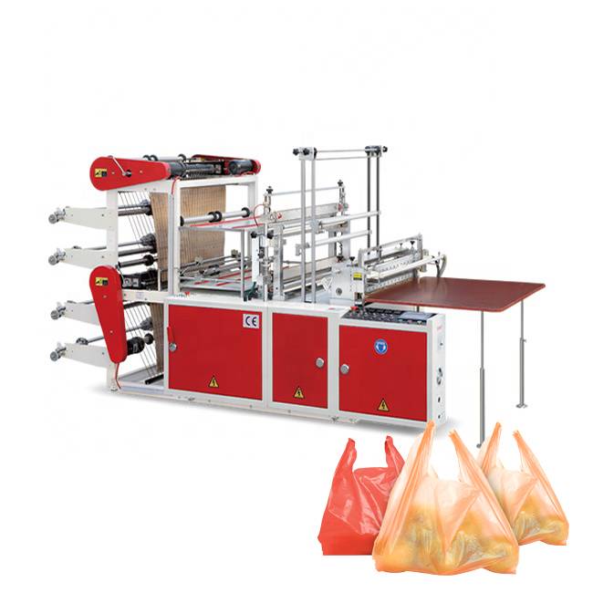 Automatic Double-layers Hot Sealing Cold Cutting Plastic Polythene Garbage Vest Bag Shopping T Shirt Carry Bag Making Machine